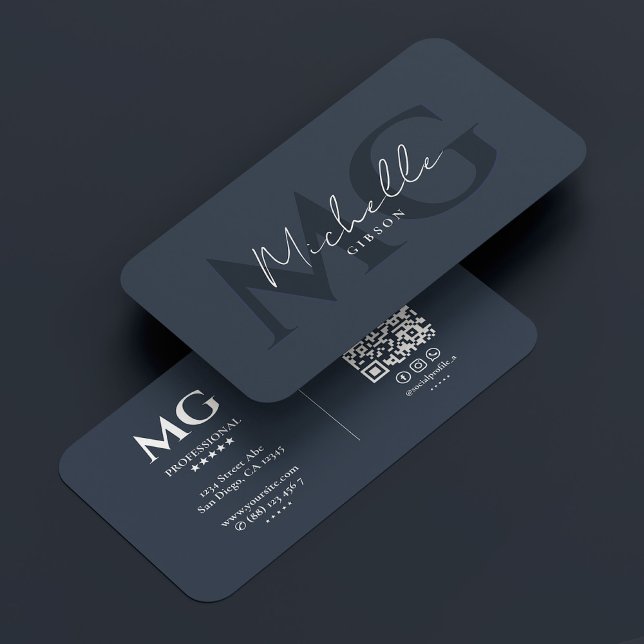 Carte De Visite Initiales professionnelles minimales Bleu charbon (Créateur téléchargé)