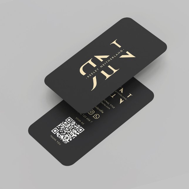 Carte De Visite Initiales professionnelles Monogramme moderne Noir (Modern Monogram Elegant Professional Reversed Initials Black Gold QR Code Business Card
)