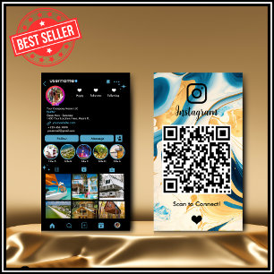 Carte De Visite Instagram LUXURY Bleu & Or Marbre Noir Agate QR