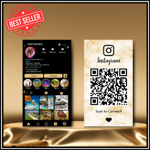 Carte De Visite Instagram LUXURY Jaune & Marbre d'agate noir QR