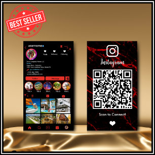 Carte De Visite Instagram LUXURY Marbre Agate Rouge et Noir QR