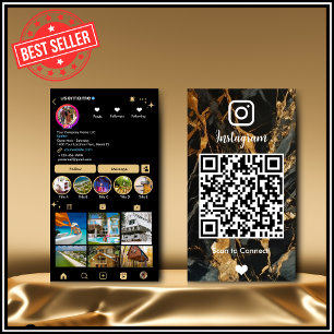 Carte De Visite Instagram LUXURY Or & Marbre Noir Agate QR