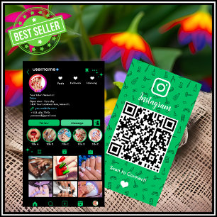 Carte De Visite Instagram Nail Salon Vert   Code QR des médias soc