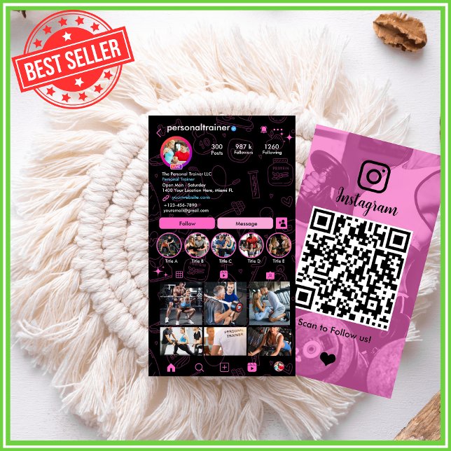 Carte De Visite Instagram Pink & Black Personal Fitainer (Créateur téléchargé)