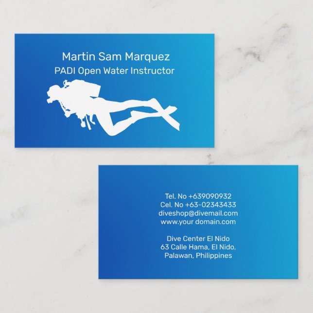 Carte De Visite Instructeur de plongée en eau libre Blue Ocean Gra (Devant / Derrière)