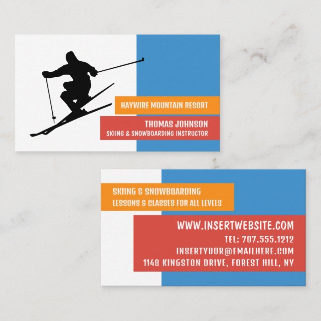 Carte De Visite Instructeur de skieur Silhouette, Skier et Snowboa (Devant / Derrière)