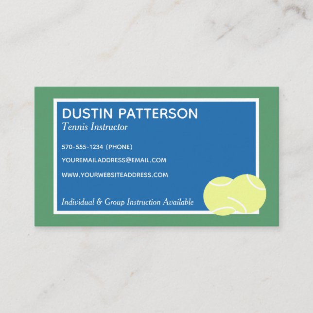 Carte De Visite Instructeur de tennis ou entraîneur bleu et vert (Devant)