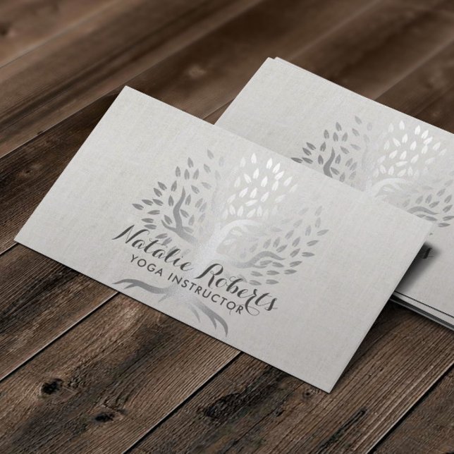 Carte De Visite Instructeur de Yoga Arbre Argent Élégant Linge (Créateur téléchargé)
