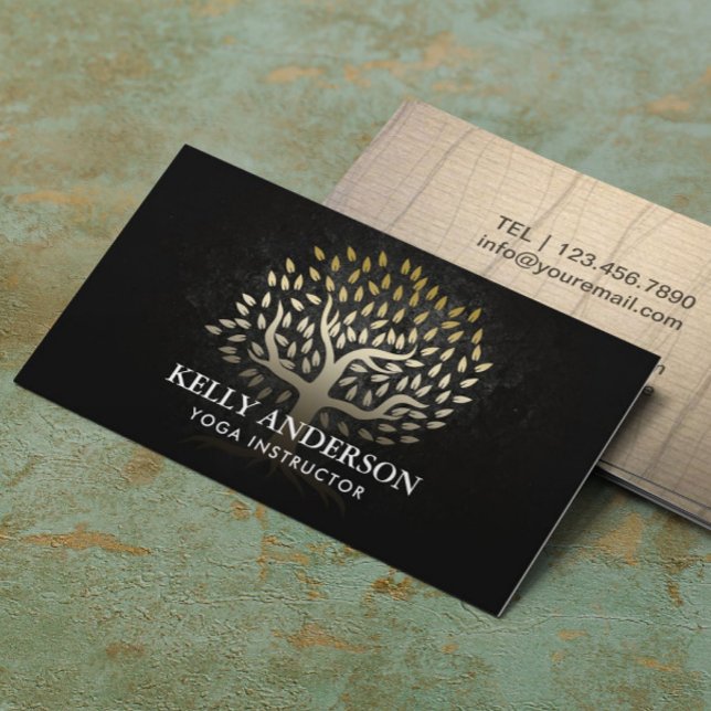 Carte De Visite Instructeur de yoga Elegant Gold Tree (Créateur téléchargé)
