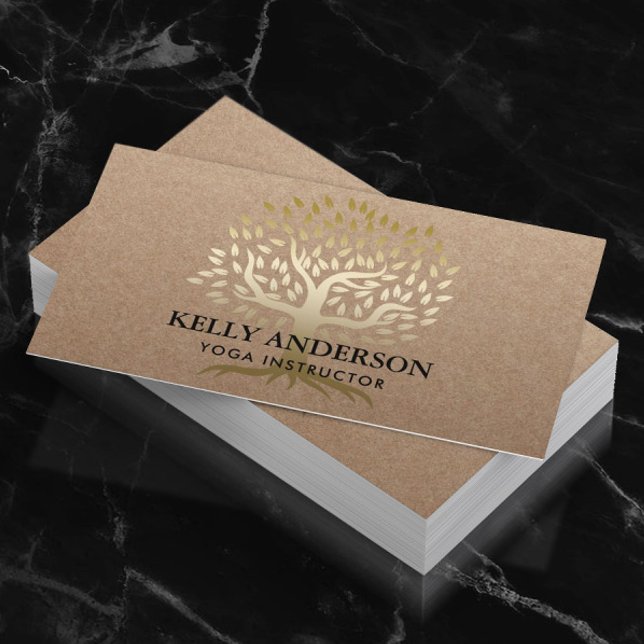 Carte De Visite Instructeur de Yoga Gold Tree Rustic Kraft (Créateur téléchargé)