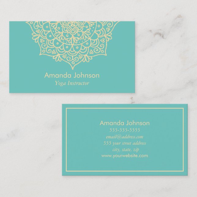 Carte De Visite Instructeur de Yoga Mandala Turquoise et or modern (Devant / Derrière)