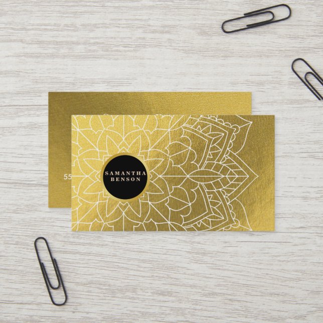 Carte De Visite Instructeur de Yoga Motif GoldMandala Elégant mode (Devant/Arrière en situation)