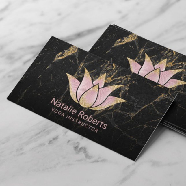 Carte De Visite Instructeur de Yoga Rose Gold Lotus Black Marble (Créateur téléchargé)