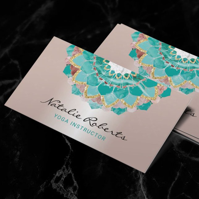 Carte De Visite Instructeur de Yoga Rose moderne or Turquoise Mand (Créateur téléchargé)