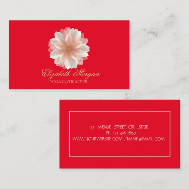 Carte De Visite Instructeur de yoga, Rouge, Lotus d'or élégant (Devant / Derrière)