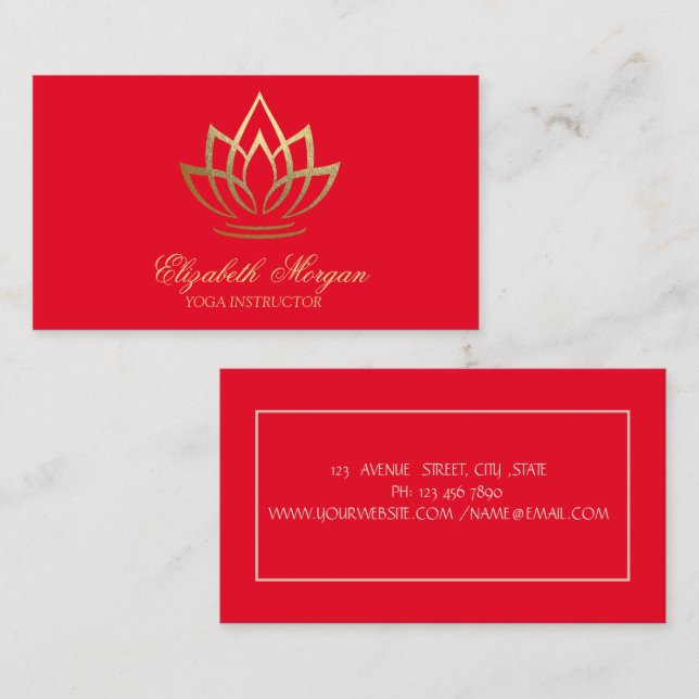 Carte De Visite Instructeur de yoga, Rouge, Lotus Or (Devant / Derrière)