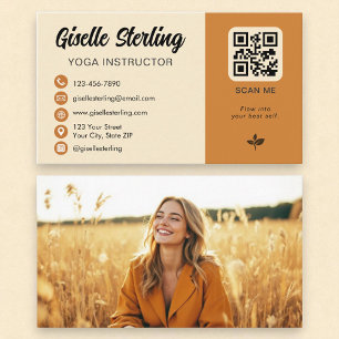 Carte De Visite Instructeur de yoga Yellow Orange QR Code Photo