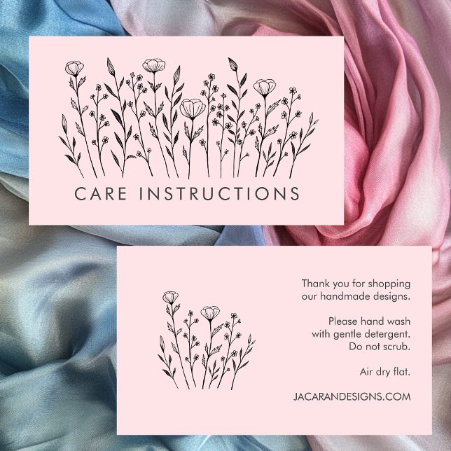 Carte De Visite INSTRUCTIONS DE SOINS Chic Elegant Fleur sauvage B (CARE INSTRUCTIONS Chic Elegant Wildflower Blush Pink Business Card
)