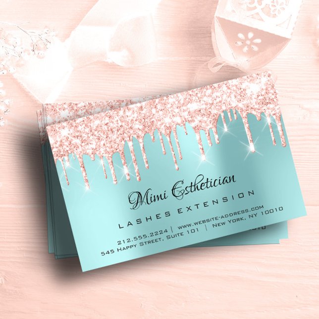 Carte De Visite Instructions de soins postérieurs Lash Rose Gold D (Aftercare Instructions Lash Rose Gold Drips Blue Business Card)