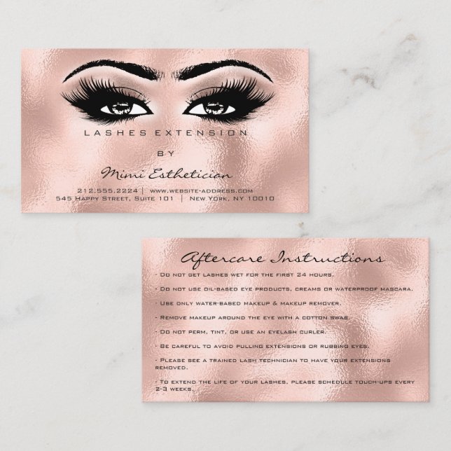Carte De Visite Instructions de soins postérieurs Lashes Rose rose (Devant / Derrière)