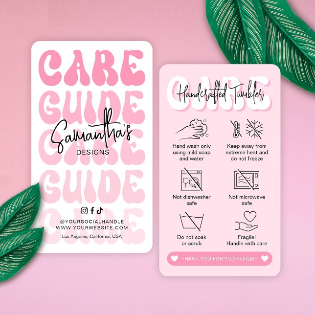 Carte De Visite Instructions de soins Tumbler Fille tendance Retro (Trendy pink tumbler and cups care instructions cards with icons, groovy fonts and your brand info)