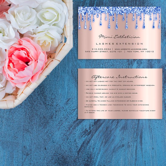 Carte De Visite Instructions de suivi Lash Rose Déchets maquillage (Aftercare Instructions Lash Rose Drip Makeup Blue Business Card)