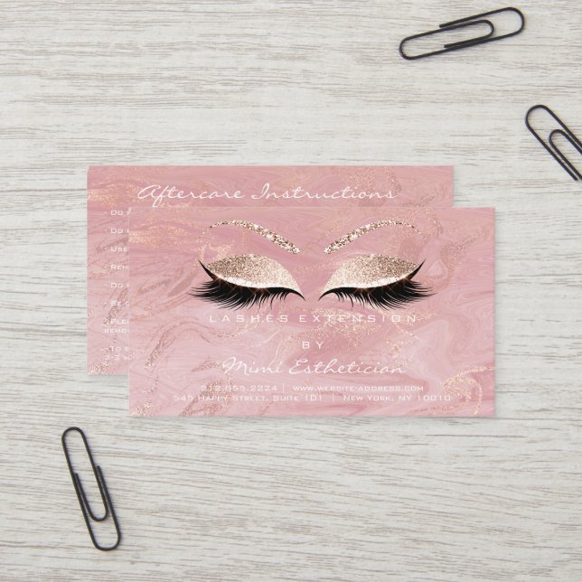 Carte De Visite Instructions de suivi Lashes Studio Marbre rose (Devant/Arrière en situation)