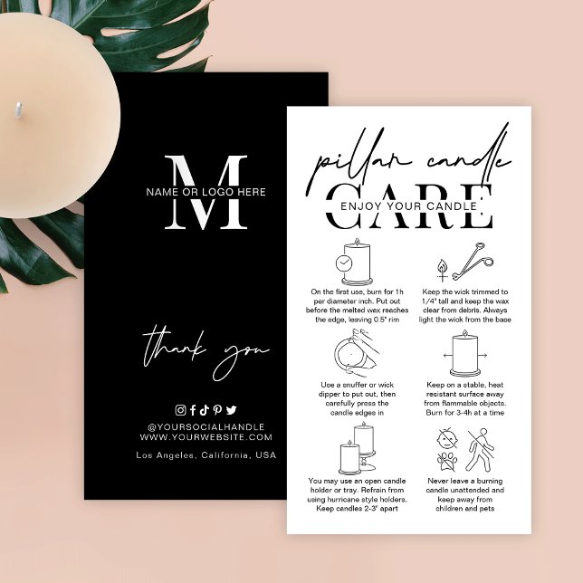 Carte De Visite Instructions minimalistes de sécurité des bougies  (Minimalist pillar candle care instructions business cards with space for your logo and brand details)