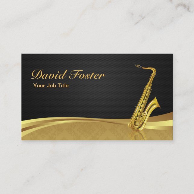 Carte De Visite Instrument en laiton saxophone Elegant Gold Damask (Devant)