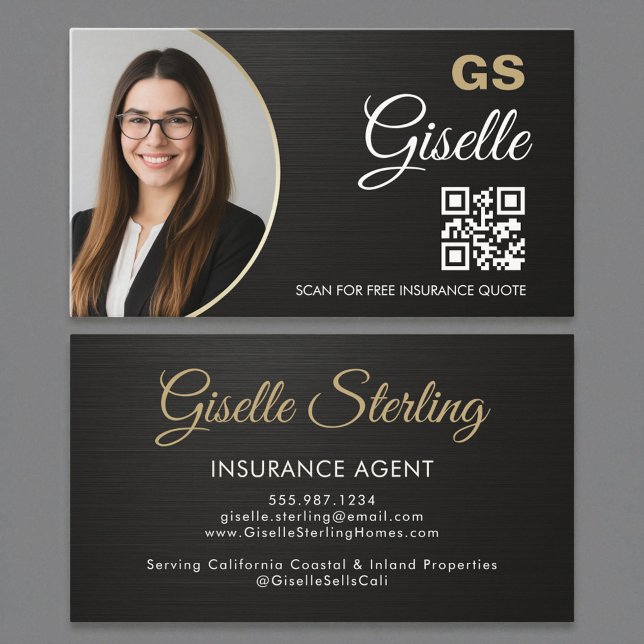 Carte De Visite Insurance Agent Metallic Black Photo QR Code  (Créateur téléchargé)