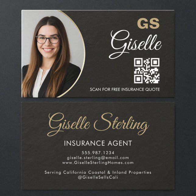 Carte De Visite Insurance Agent Slate Stone Black Photo QR Code  (Créateur téléchargé)