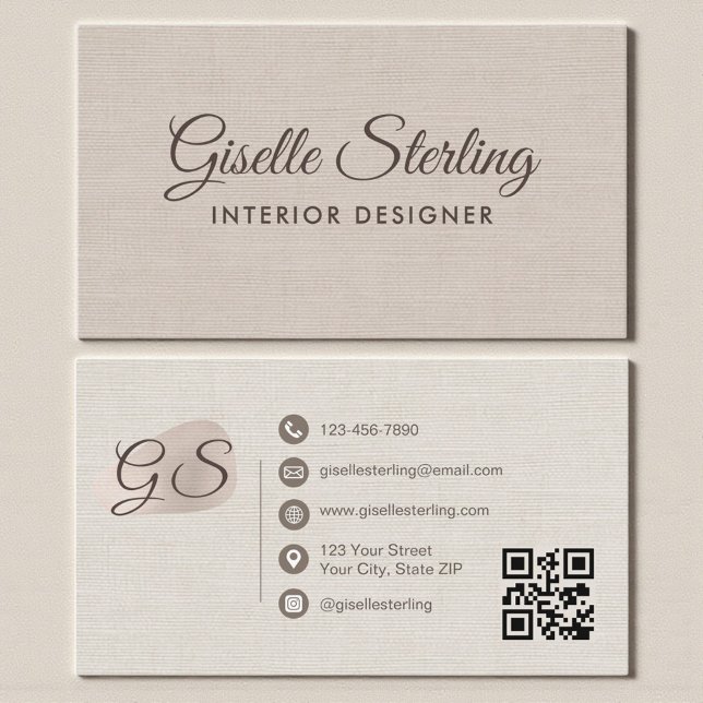 Carte De Visite Interior Designer Beige Linen Elegant QR Code (Créateur téléchargé)