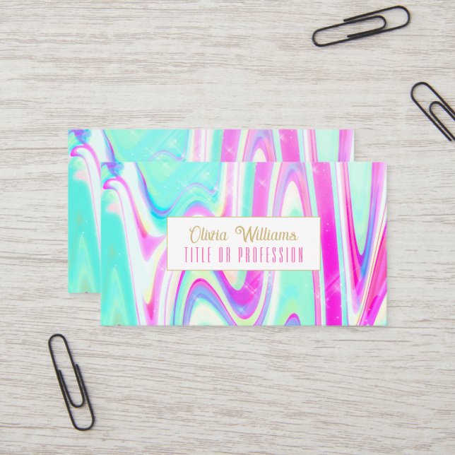 Carte De Visite Iridescente Holographique Liquide Swirl (Devant/Arrière en situation)