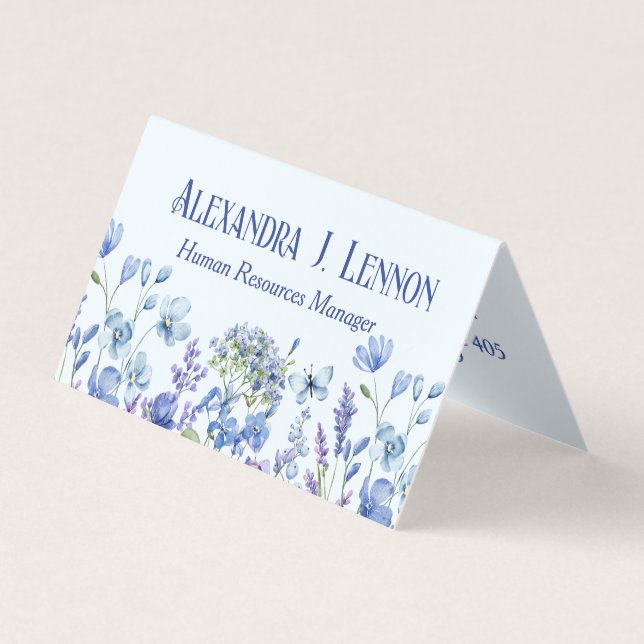 Carte De Visite Jardin Fleur sauvage bleu et lavande plié (Devant)