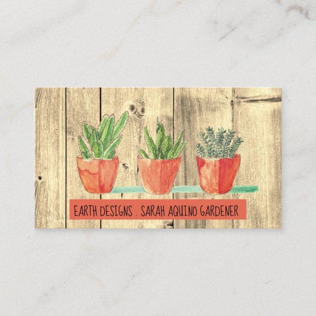 Carte De Visite Jardinier Bois rustique Aquarelle Bois et Plantes (Devant)
