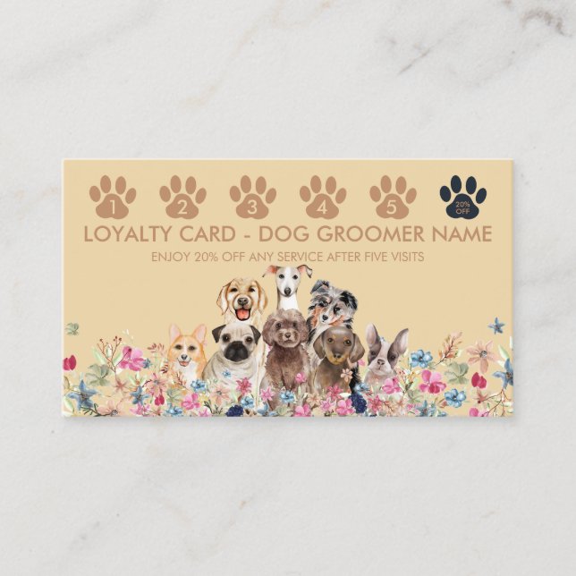 Carte De Visite Jaune Brown Chien Walker Groomer Punch Loyauté (Devant)
