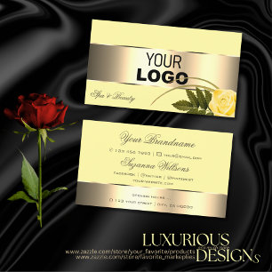 Carte De Visite Jaune et or Décor Jolie Fleur Rose avec logo