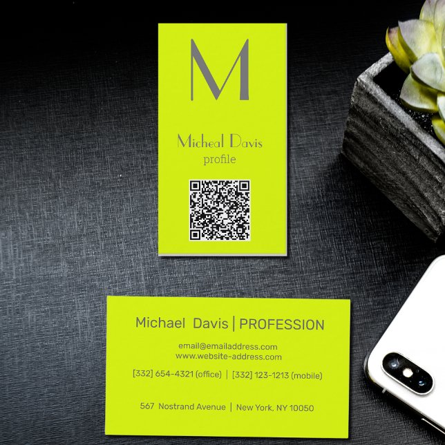 Carte De Visite jaune fluorescent - monogramme gras - code QR (Créateur téléchargé)