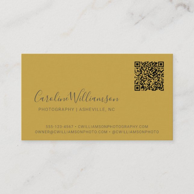 Carte De Visite Jaune moderne Script Gris Photo QR Code Personnali (Devant)