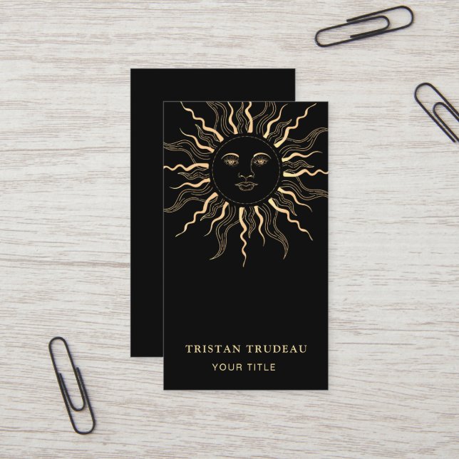 Carte De Visite Jaune or noir soleil lune céleste (Devant/Arrière en situation)