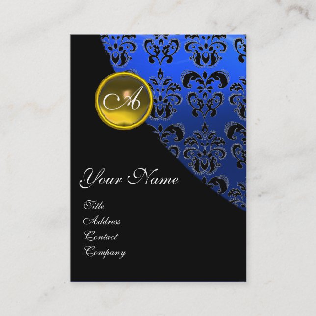 CARTE DE VISITE JAUNE TOPAZ BLEU BLEU DAMASK MONOGRAM, (Devant)