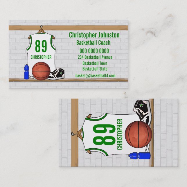 Carte De Visite Jersey de basketball blanc et vert personnalisé (Devant / Derrière)