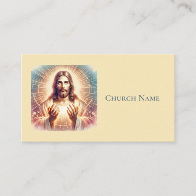 Carte De Visite Jésus Accueillant Mains Aquarelle (Jaune) (Devant)