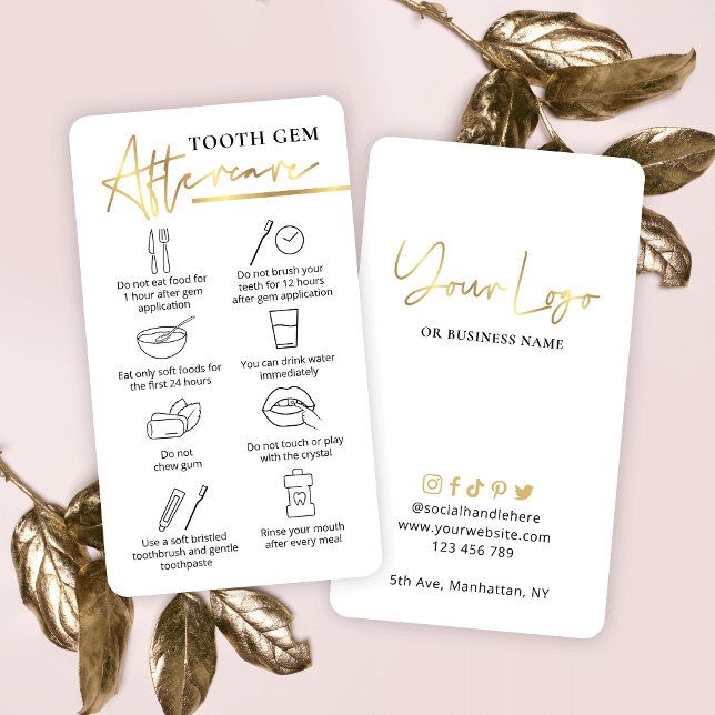 Carte De Visite Jeu de dents, instructions postérieures à l'entret (Tooth gem care instructions cards in a lux white and gold design with care icons)