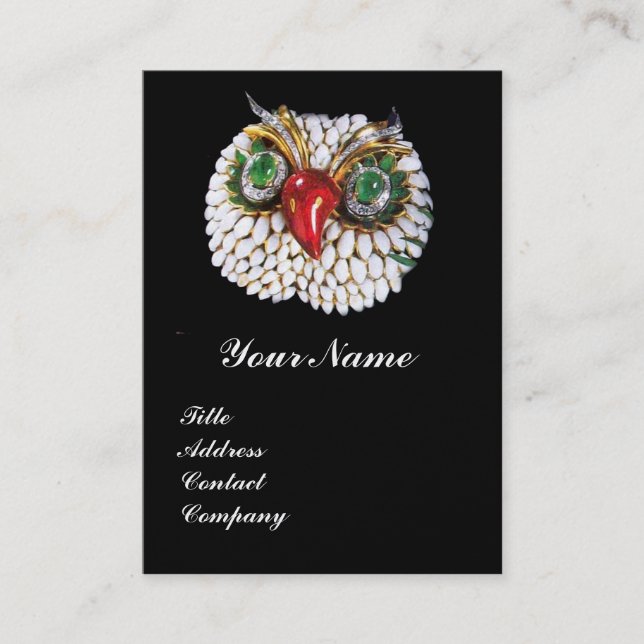 Carte De Visite JEWEL OWL, Or, Émeraude verte, Perle blanche noire (Devant)
