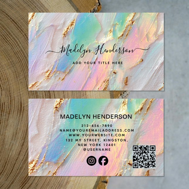 Carte De Visite Jewelry Opal Brush Gold QR Code Social Media  (Créateur téléchargé)