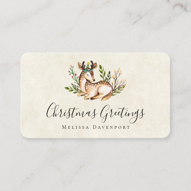 Carte De Visite Joli Cerf Aquarellé Pose En Bas Boho Noël (Devant)