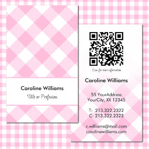 Carte De Visite Joli code QR à motif gingham à carreaux rose et bl