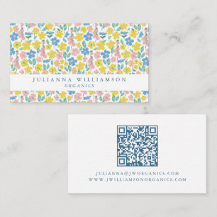 Carte De Visite Joli code QR moderne floral ditsy bleu et jaune