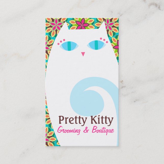 Carte De Visite Joli Kitty blanc et floral (Devant)